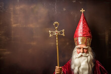 Mitre Or Mijter And Staff Of Sinterklaas.On Vintage Backgroud. Dutch Tradition Saint Nicholas