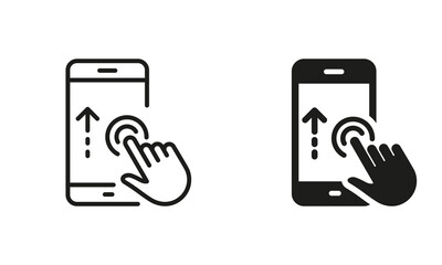 Poster - Scroll Up in Cellphone Line and Silhouette Icon Set. Swipe Up Gesture on Mobile Phone Display Pictogram. Touch Screen in Digital Electronic Device Symbol Collection. Isolated Vector Illustration