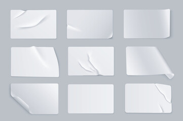 Aufkleber - Crumpled sticker mega set in 3d realistic design. Bundle elements of white glued paper or plastic label mockup with empty text spaces and wrinkled effect. Vector illustration isolated graphic objects