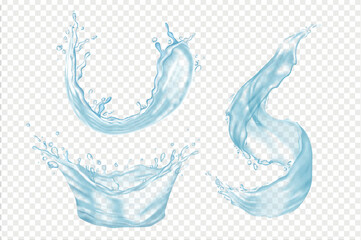 Aufkleber - Water splashes mega set in 3d realistic design. Bundle elements of blue liquid fluids with drops in crown or swirling forms on transparent background. Vector illustration isolated graphic objects
