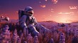 An astronaut is laying in a field of lavender at sunset, cozy and peaceful, concept of back to home after traveling, still life, beautiful spring flower field balance between technology and nature