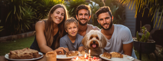 Canvas Print - Happy family and their dog outdoors in the summer