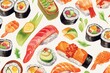 A seamless pattern with watercolor-drawn sushi. Various types of nigiri sushi displayed in this delightful Japanese food illustration. Generative AI
