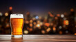 One glass of beer on a wooden table. Blurred bokeh city background.  Beer festival, weekend travel, advertisement concept. AI generative.