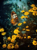 Fototapeta Pokój dzieciecy - Butterfly on the colorful flowers and plants. Calm nature scene with dreamy colors.