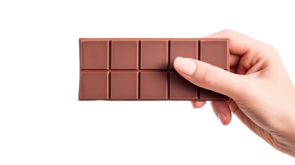 Female hand holding a chocolate bar isolated on transparent or white background, mockup