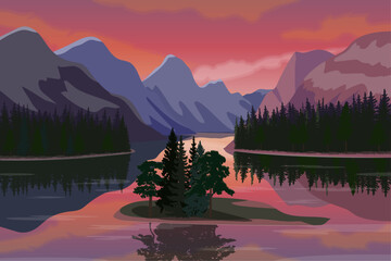 Wall Mural - Mountain landscape with lake, forest, sunset, sunrise, vector illustration.