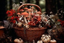 A Wicker Basket Filled With Mushrooms And Pine Cones. Generative AI