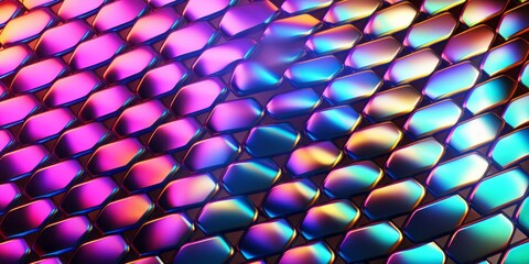 Poster - Metal scales in holographic colors . 3d render abstract backgound. Metallic texture, ultraviolet wavy wallpaper.
