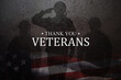 Silhouettes of soldiers saluting with Thank You Veterans inscription on rusty iron background. American holiday typography poster. Banner, flyer, sticker, greeting card, postcard.
