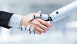 © Luis - Aperto de mãos entre um robô androide e um humano.  Cumprimento entre tecnologia e seres humanos. Como a IA pode ser benéfica para a humanidade.