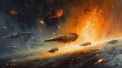 Wall Mural - Space ships battle over alien planet in 80s books style. Retro science fiction illustration.