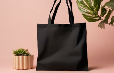 Generative AI Craft, Stylish Empty Black Tote Bag Mockup Against a Subtle Grey Backdrop