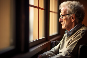 Wall Mural - A lonely elderly person looking out of a window, symbolizing the isolation and mental health challenges often faced by seniors. Concept of social isolation. Generative Ai.