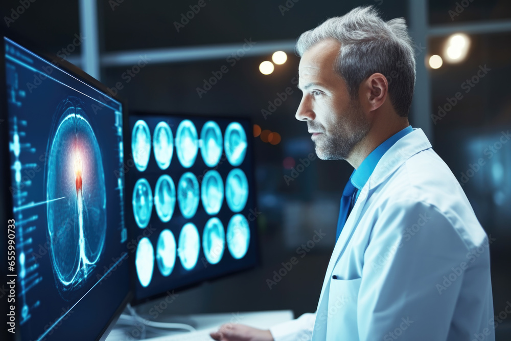 Doctor radiologist looking at MRI or CT scan images on monitor, trying ...
