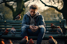A Person Sitting On A Park Bench Surrounded By A Group Of Birds, Illustrating The Connection To Nature As A Means Of Reducing Isolation. Concept Of Nature Therapy. Generative Ai.