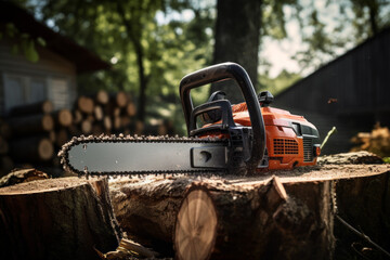 Chainsaw in the concept of preparing firewood for the winter. Background with selective focus and copy space