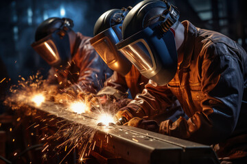 Poster - Welders in protective gear creating a shower of sparks as they join metal components. Concept of skilled craftsmanship. Generative Ai.