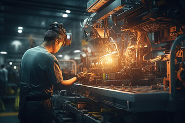 Poster - A factory worker operating a massive, clanking machine on the production line. Concept of industrial efficiency. Generative Ai.