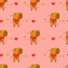 Wall Mural - Seamless pattern. Cute animal capybara with heart on pink background. Vector illustration for festive design, romantic valentines, wallpaper, packaging, textile.