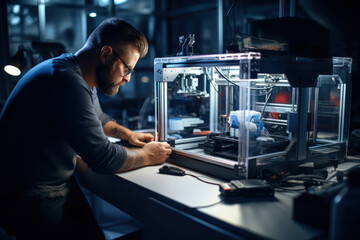 Poster - a technician using a 3d printer to create a prototype of a new product. concept of additive manufact