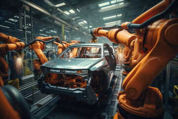 Poster - A bustling automotive assembly line with robots and workers assembling cars with precision. Concept of automotive manufacturing. Generative Ai.