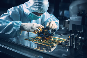 Poster - A technician in a cleanroom assembling intricate microchips for electronic devices. Concept of semiconductor manufacturing. Generative Ai.