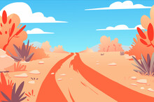 Vector Illustration Of Desert Landscape With Road, In Cartoon Flat Style