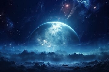 Wall Mural - cosmic sky with planets and stars in blue tones