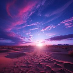 Desert in neon colors, glowing sands and dunes, pink blue sky, fantastic landscape