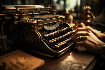 Sticker - An antique typewriter with keys clicking as a writer composes a heartfelt letter. Concept of old-fashioned communication. Generative Ai.