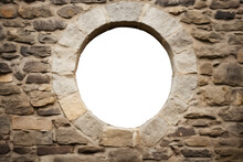 Small Rounded Gothic Arch Stone Medieval Window. Brick, Stone Wall. Isolated Transparent Background.
