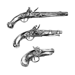 three lineart drawings of medieval and vintage gun