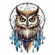 An owl with a dream catcher on its head. Digital art. Tribal-inspired design.