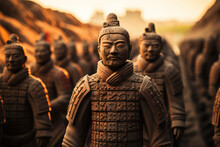 The Terracotta Army Of Qin Shi Huang, A Vast Army Of Clay Soldiers Guarding The Tomb Of China's First Emperor. Generative Ai.