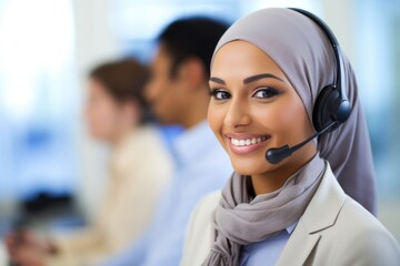 A muslim woman in jijab is wearing a headset. Call center operator working in call center.