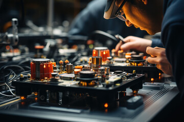 Poster - a close-up of a worker's hands meticulously assembling intricate electronic components in a factory.