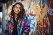 A cool girl in a 90's transitional jacket in front of a graffiti wall Generative Ai