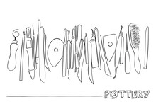 Hand Drawn Line Art Vector Of Pottery Class Tutorial. Pottery Tools Line Art