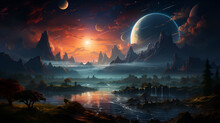 Sunrise Over The Valley In Space, In The Style Of Romantic Riverscapes