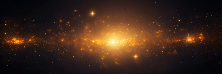 galaxy background with sunlight and bright orange stars traces, panoramic view