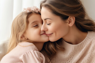 Wall Mural - Cheerful loving mom kissing pretty little daughter kid with faces, noses touch, closed eyes, cuddling child with affection, care, tenderness, enjoying motherhood, family moment