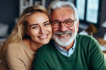 Wall Mural - Head shot portrait smiling older father and grownup daughter looking at camera, sitting on cozy couch at home