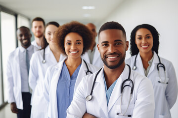 Portrait of group of diverse male and female doctors standing in hospital corridor smiling to camera