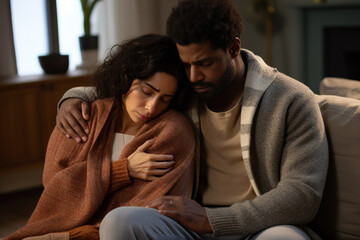 Thoughtful, sad diverse couple sitting in living room at home, embracing and comforting