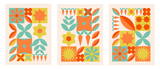 Aufkleber - Set of modern geometric background. Abstract nature. Seamless pattern in bauhaus style. Vector botanical flat illustration.