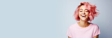 Portrait Of A Young Pretty Laughing Woman With Short Pink Hair On A Light Background. Copy Space