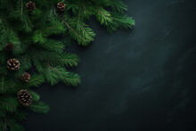 Coniferous Green Pine Branches With Pinecones On Minimal Dark Christmas Background With Copy Space Winter Holiday Concept