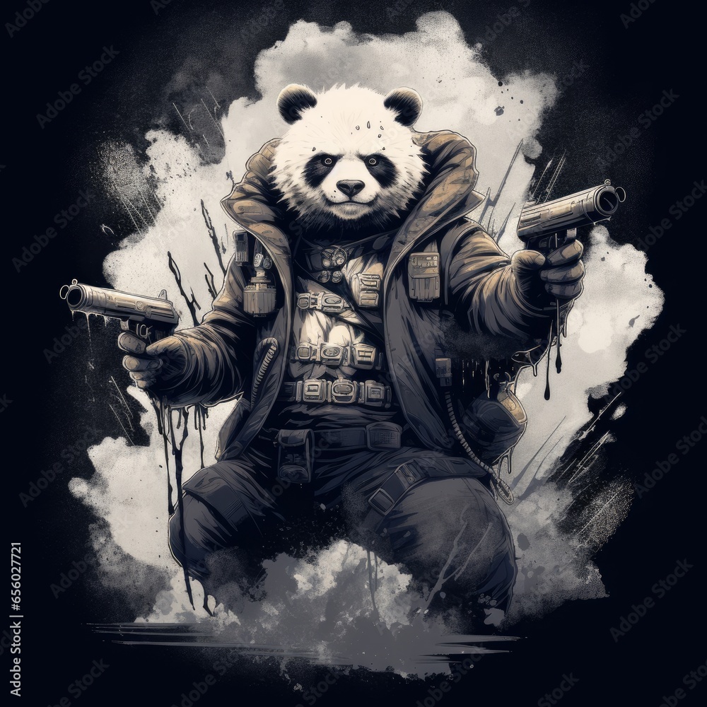 panda gun rifle tshirt design mockup printable cover tattoo isolated ...