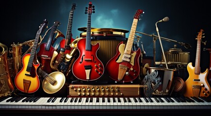 Wall Mural - musical instruments background, musical instruments wallpaper, abstract music background, hd musical instruments banner